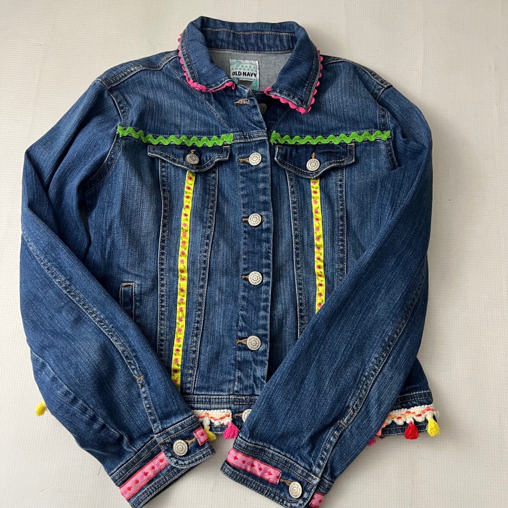Old Navy Denim Jacket Girls XL 14 Blue Tassel Pom Pom Ric‎ Rac Boho